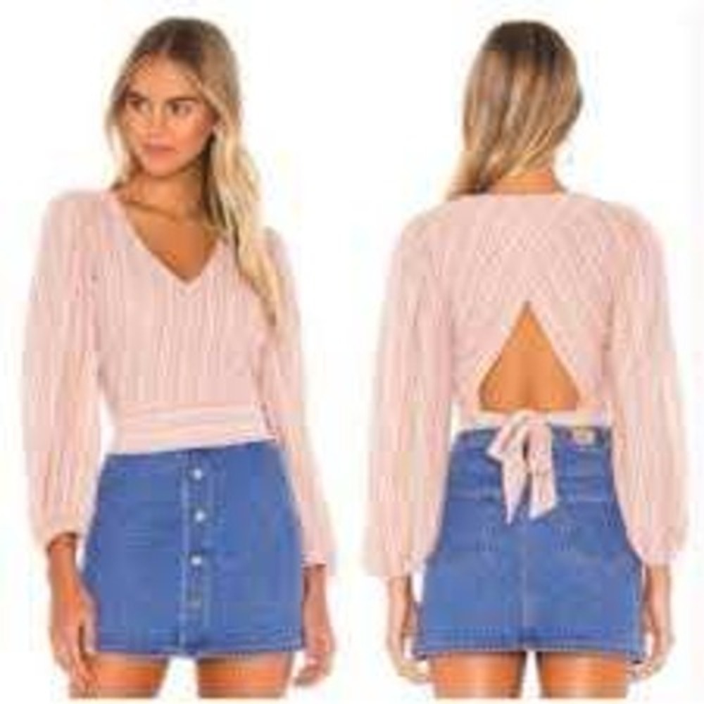 Free People Pastel Pink Cropped Long Sleeve Striped Open Back Blouse XS Cottage